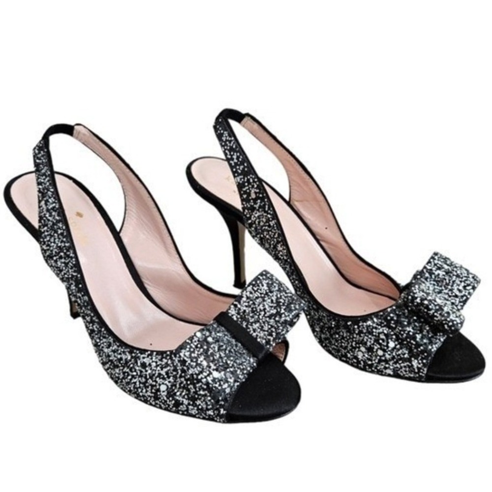 Kate Spade‎ Bow Sparkle Sling Back Vamp Heels 6.5 Cocktail Open Toe Flaw Note
